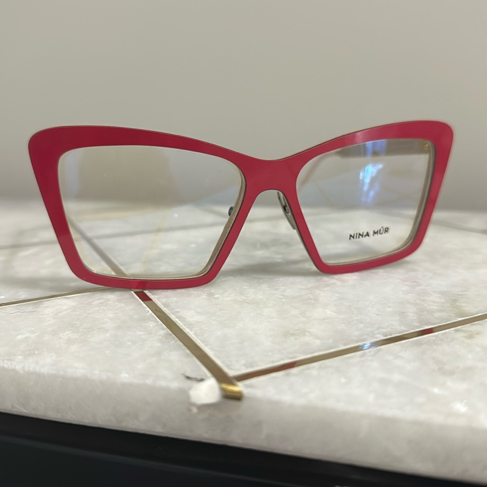 Nina Mur Ana, handmade eyewear. Raspberry Red front with gold temples. 54/17